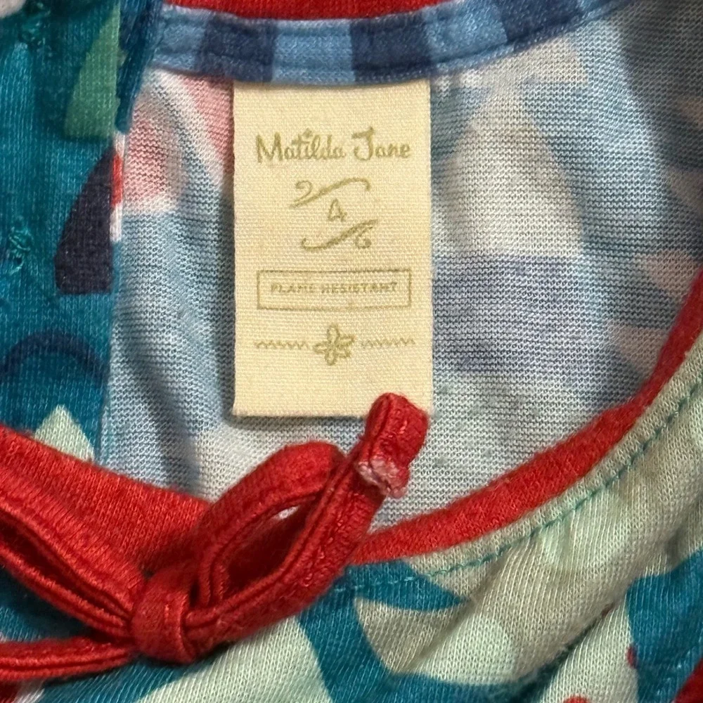 Matilda Jane Girls Christmas Tree Nightgown Dress Blue Red Ruffle Size 4/6